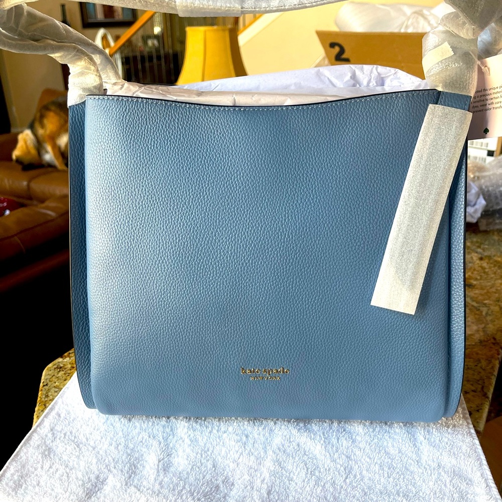 KATE SPADE NY Knott Pebbled Leather & Suede Large Shoulder Bag, Manta Blue, NWT
